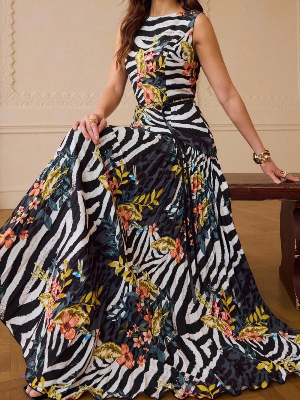 Black Elegant Women's Floral Print Zebra Stripe Dress